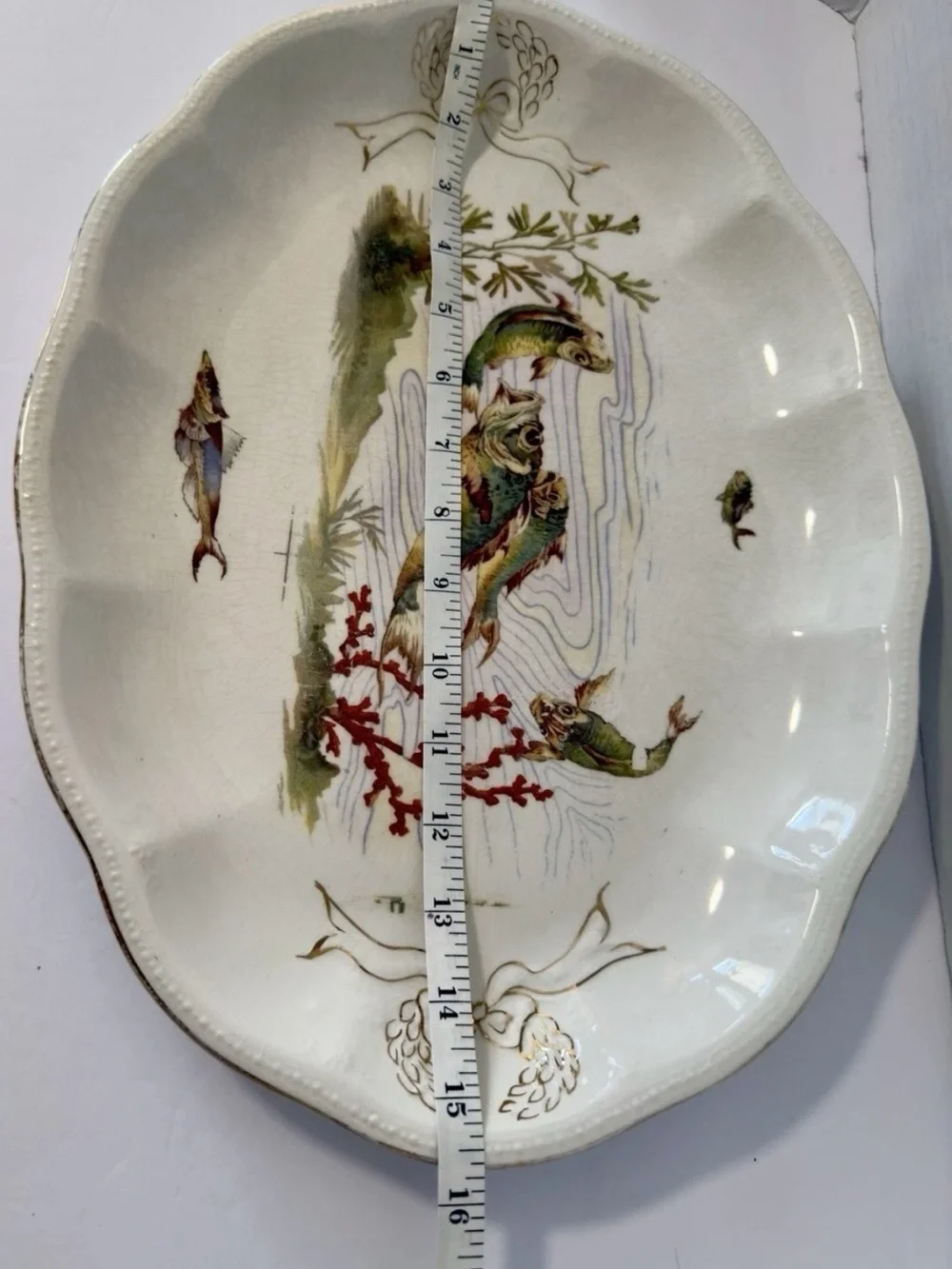 Antique Porcelain Fish Serving Platter Scalloped Gilt Transferware